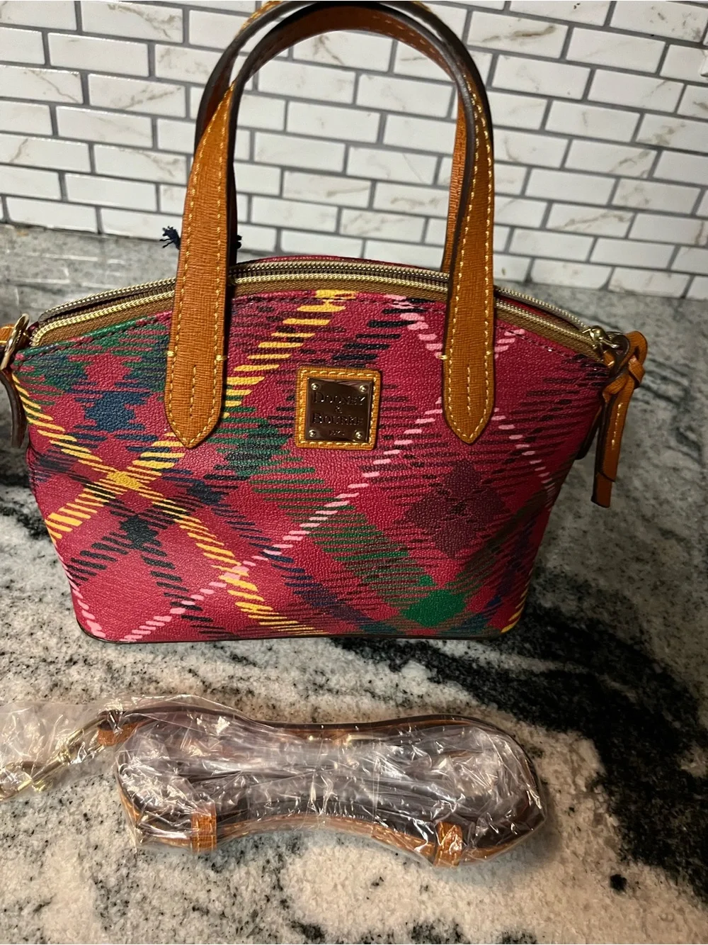 Dooney & Bourke Red Plaid Satchel with Tan Trim